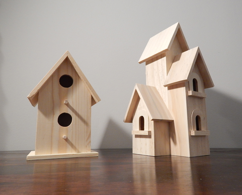 Beginning with blank wooden birdhouses, which I'll apply Pro Tapes to