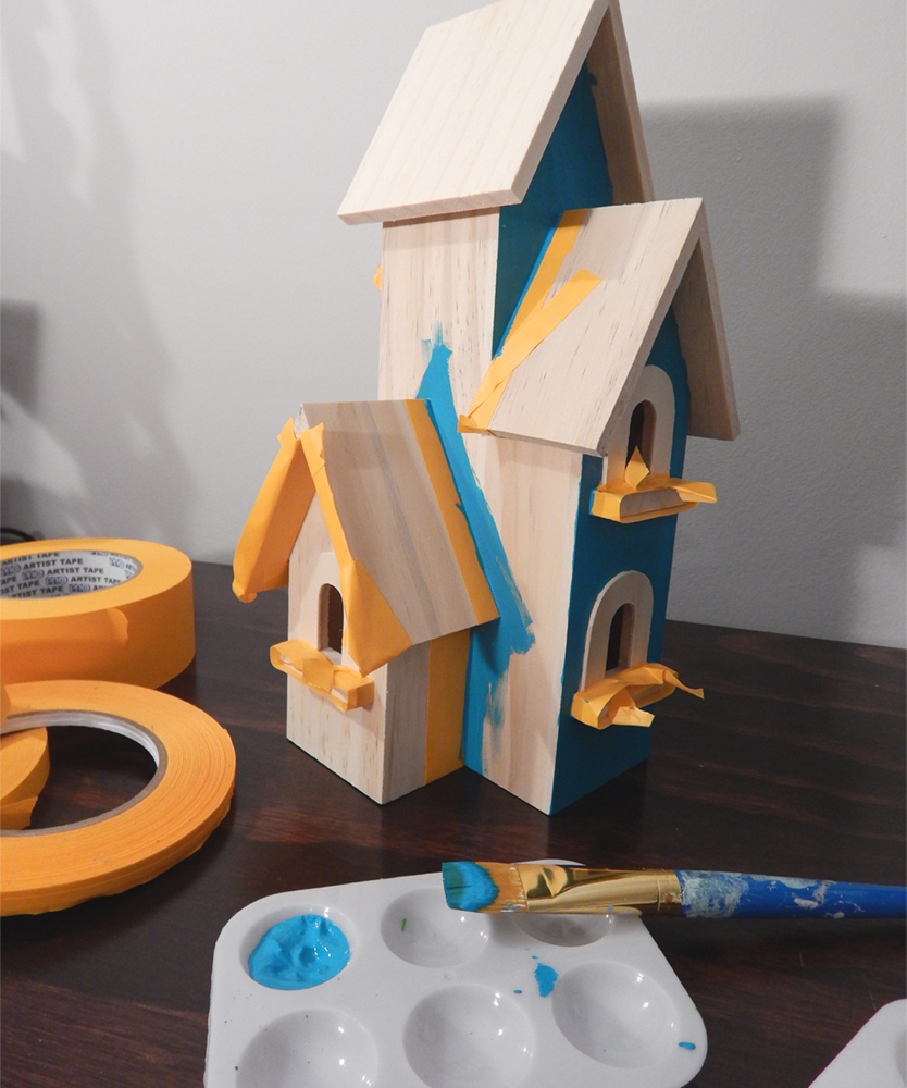 Creating the second birdhouse, using Pro Artist Tape to mask out edges and shapes for painting