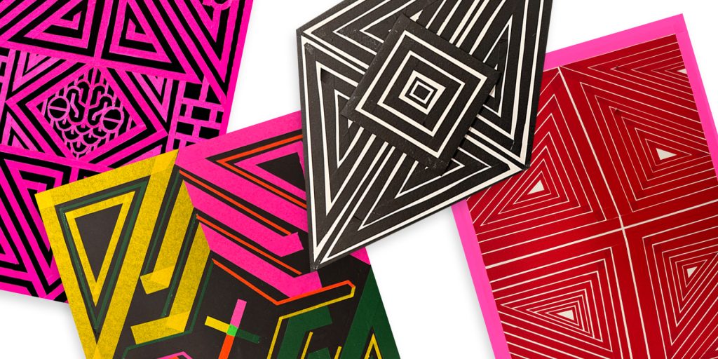 A collection of four pieces of artwork with different geometric designs in black, white, pink, red, and yellow. Created with Pro Tapes products.
