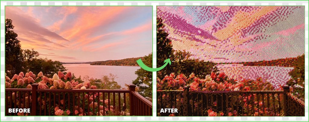 On the left side is a photo taken by Sydney’s future mother-in-law of their front porch in Vermont. The sky is pink, surrounded by pink flowers and a large river. On the right side is a photo of a needlepoint version created by Sydney as a Christmas gift.
