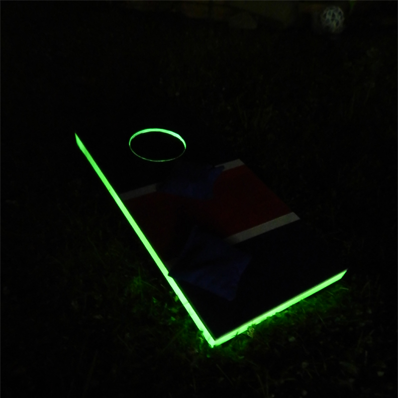 The cornhole game board glows in the dark with the help of Pro Glow and Pro Glow Gaff. Great for long summer nights!