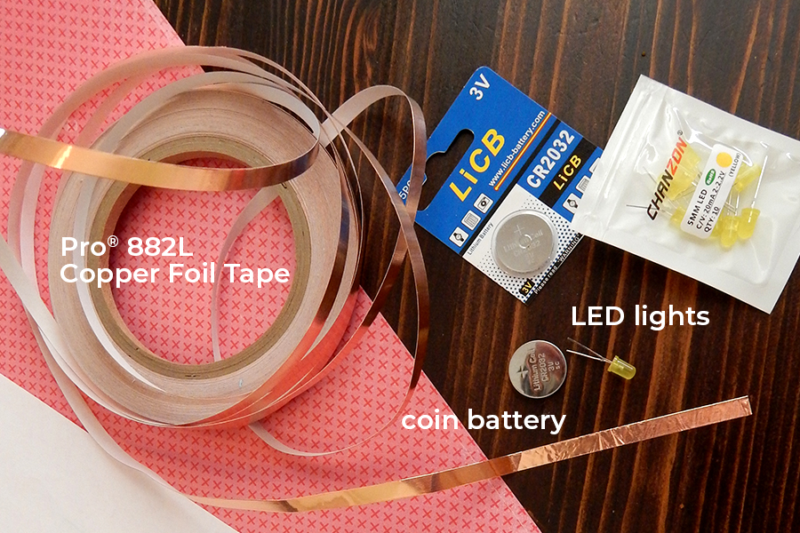 Gather your coin battery, led lights, and Pro® 882L Copper Tape together