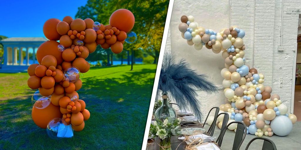 Jexsy Balloons' Demi Garlands come in various styles. Left side shows a festive orange garland at an outdoor event. Right side showcases a delicate pastel creation in beige, blue, and brown.