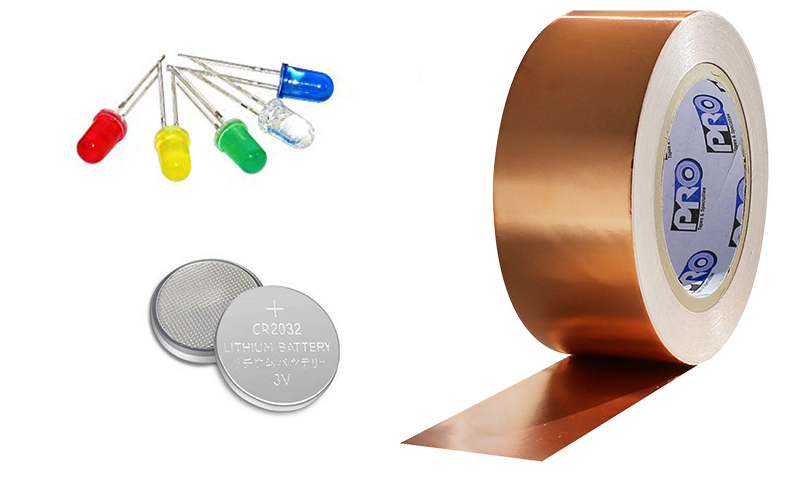 led lights coin battery and pro 882l conductive copper tape for makerspace