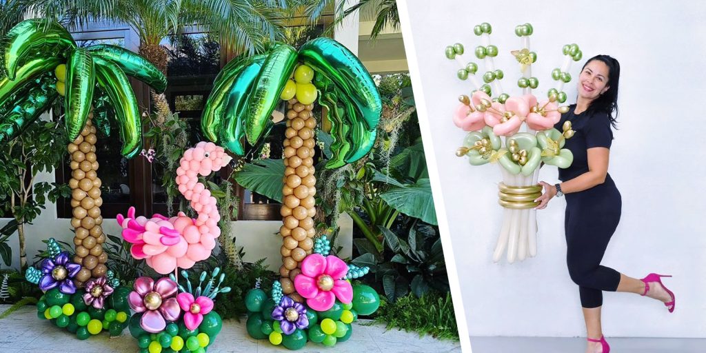 Noeli Remiro's balloon creations; both a tropical themed landscape including palm trees and a flamingo, as well as a floral bouquet.