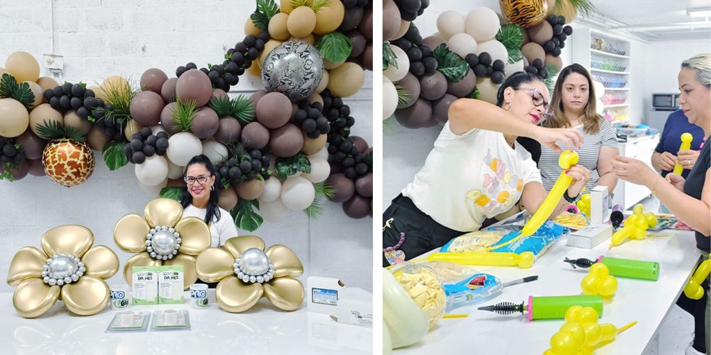 Noeli Remiro hosting a ballooning class, where she is teaching students techniques to build beautiful balloon creations.