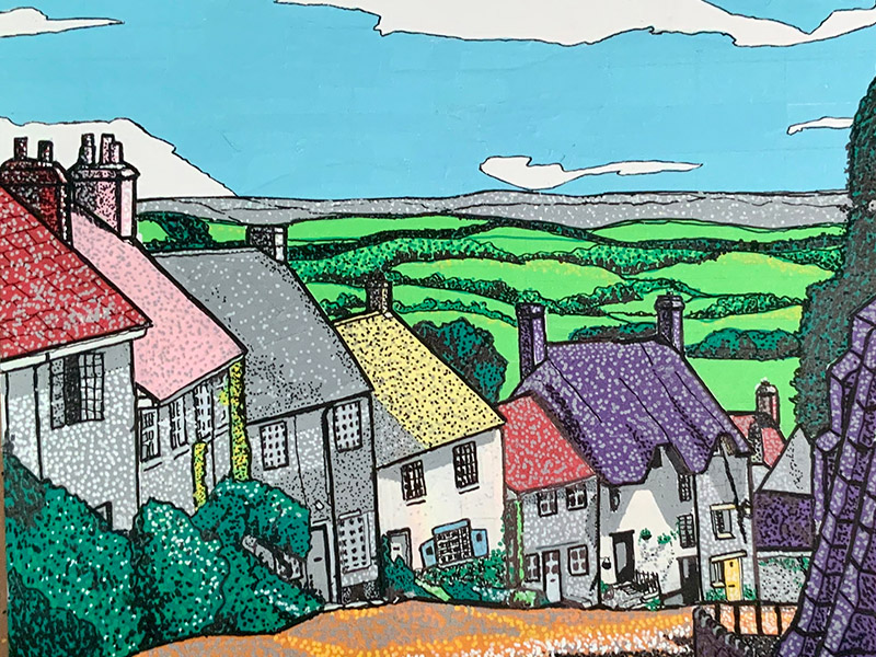 Painting of an english village made with Pro 46 paper tape and acrylic paint