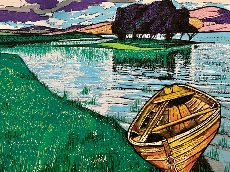 Tape painting of a boat on a lake