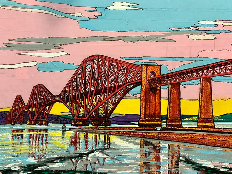 Tape painting of a bridge over a river