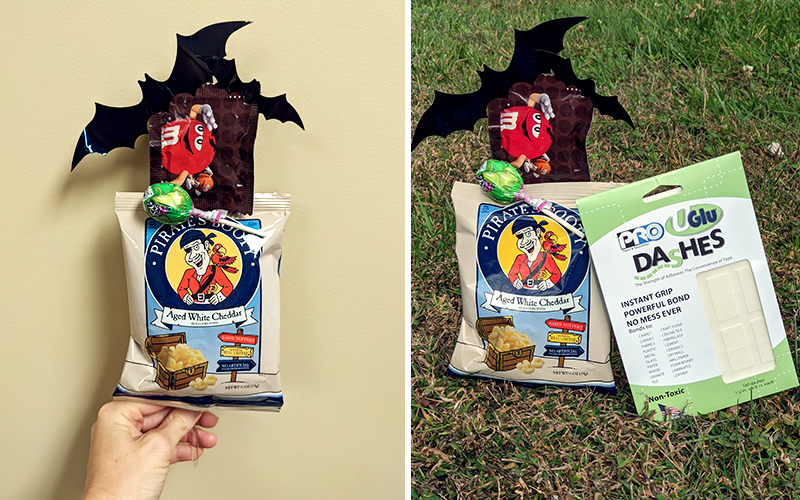 Stick your assembled trick-or-treat stick out on the lawn for trick or treaters to enjoy!