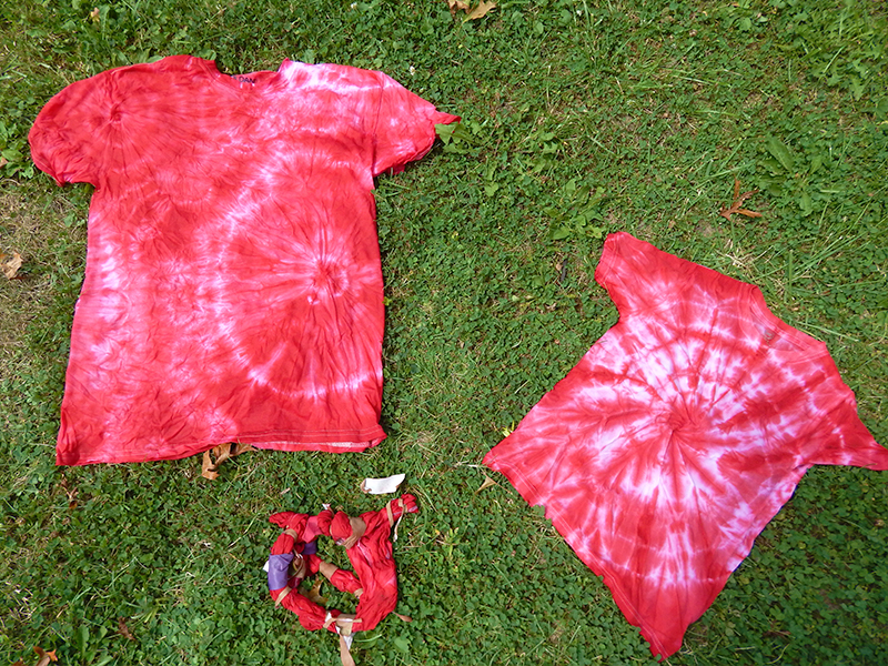A finished red tie-dye shirt, made with Pro Gaff tape